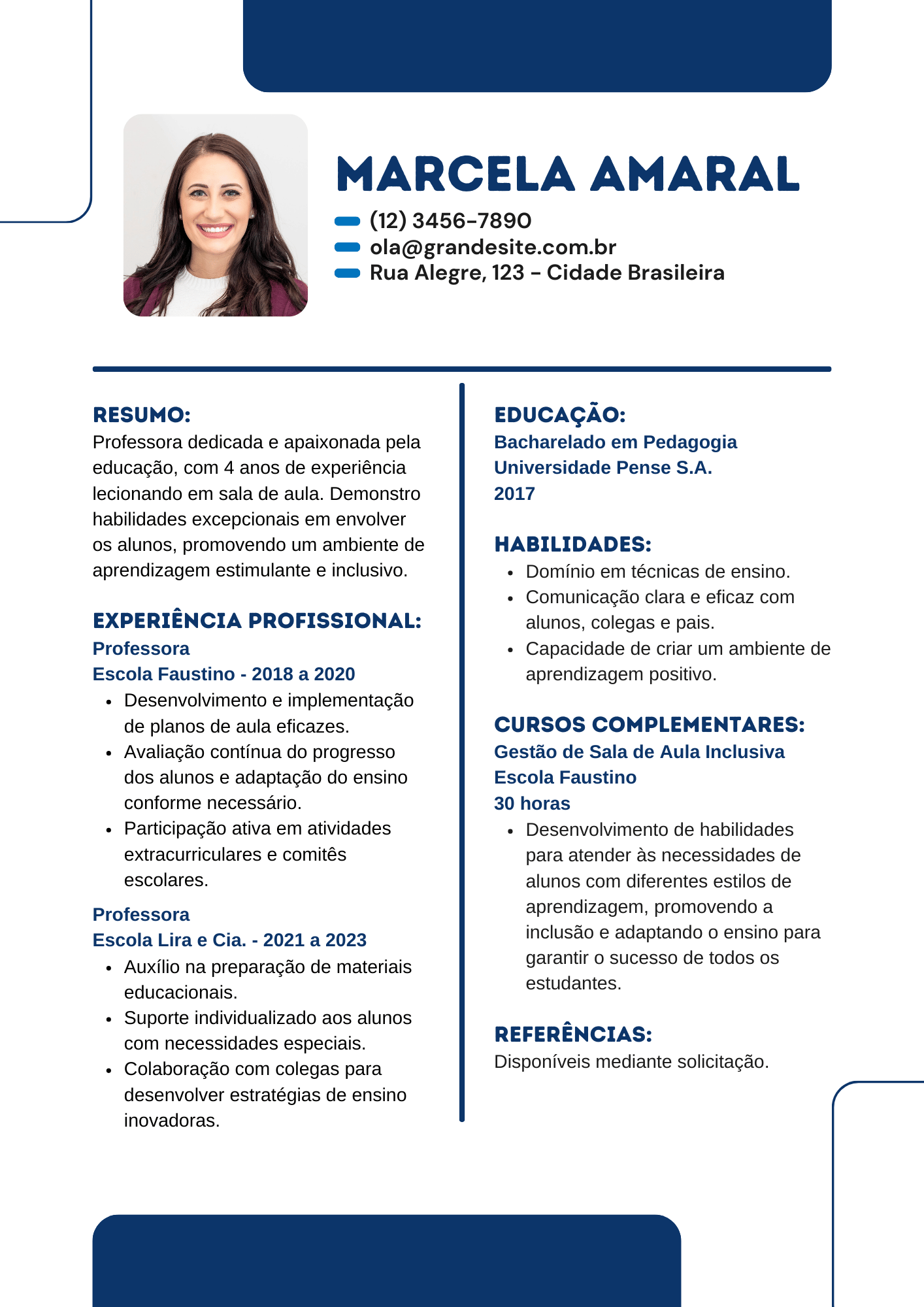 Curriculo professora simples branco azul e preto