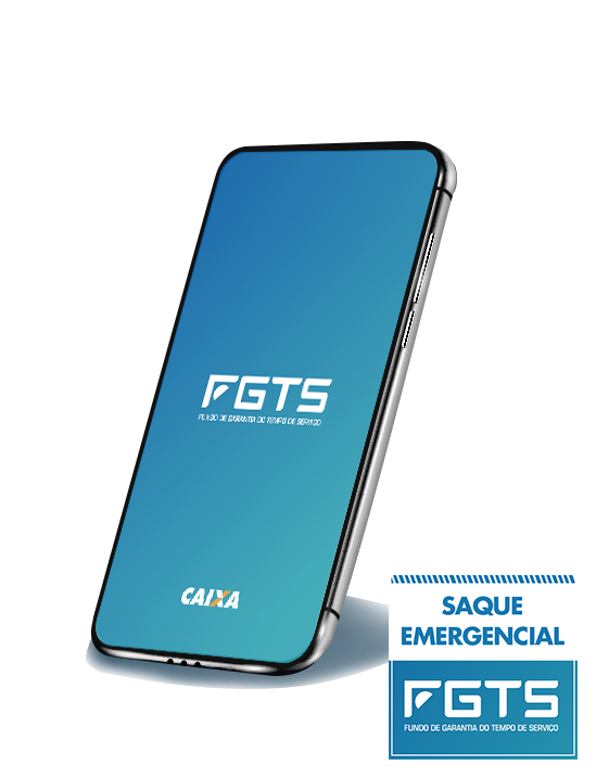 Celular com tela azul e ao centro logotipo do fgts. No canto direito inferior há um aviso com a frase: saque emergencial