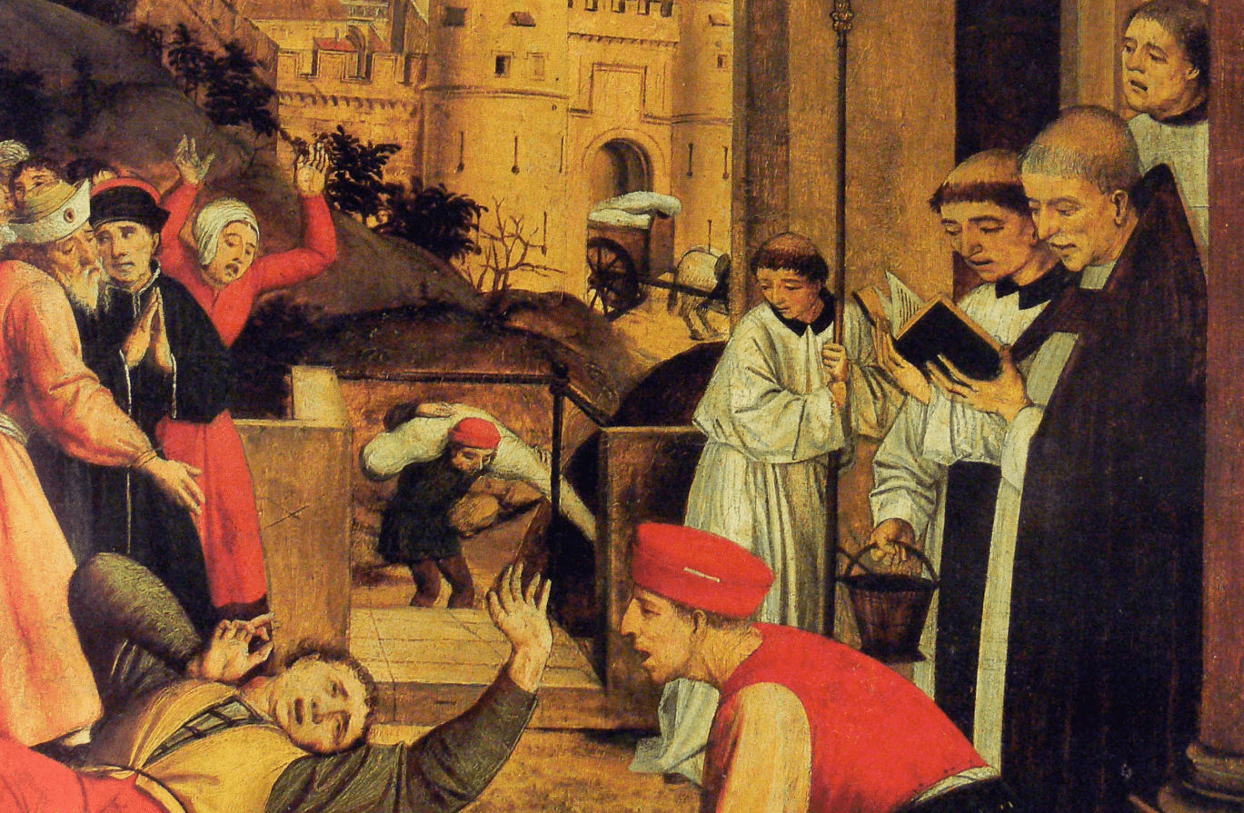 Imagem mostra uma pintura medieval, que representa a peste de justiniano. Na pintura há várias pessoas em pé, em volta de um enfermo deitado.