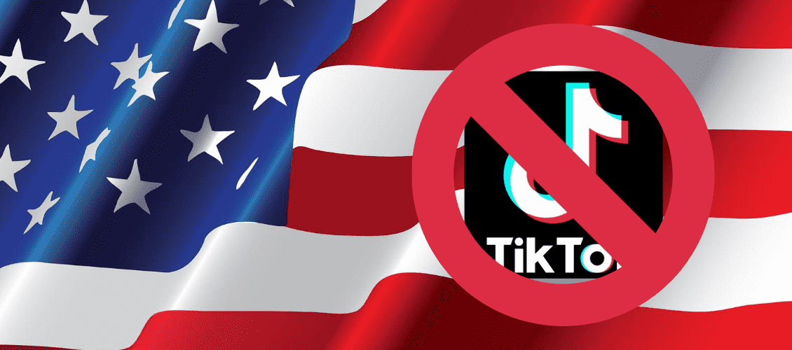 Montagem mostra o ícone do TikTok sob o sinal de proibido. Ao fundo, a bandeira dos Estados Unidos