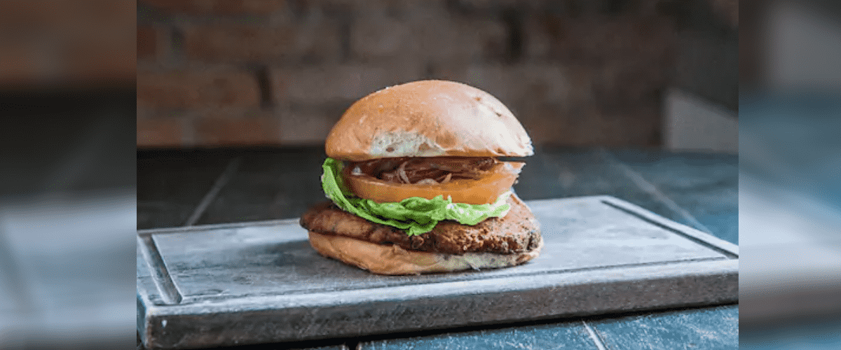 Hambúrguer veggie do hholy burger com falafel bem temperado, tomate caqui, picles da casa e uma ótima maionese branca