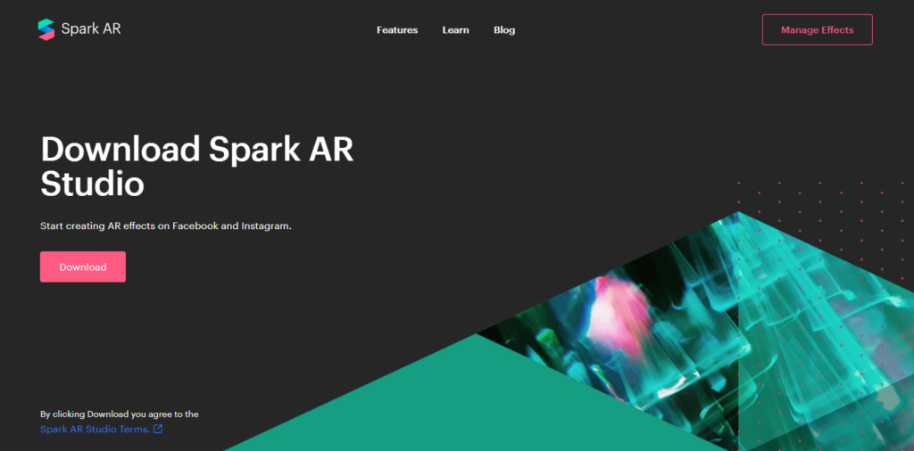 Captura de tela do site do software spark ar studio