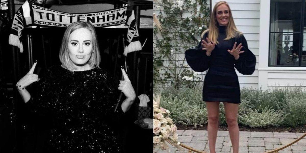 Adele posada em foto preto e branco e na outra imagem adele aparece em pé após ter emagrecido