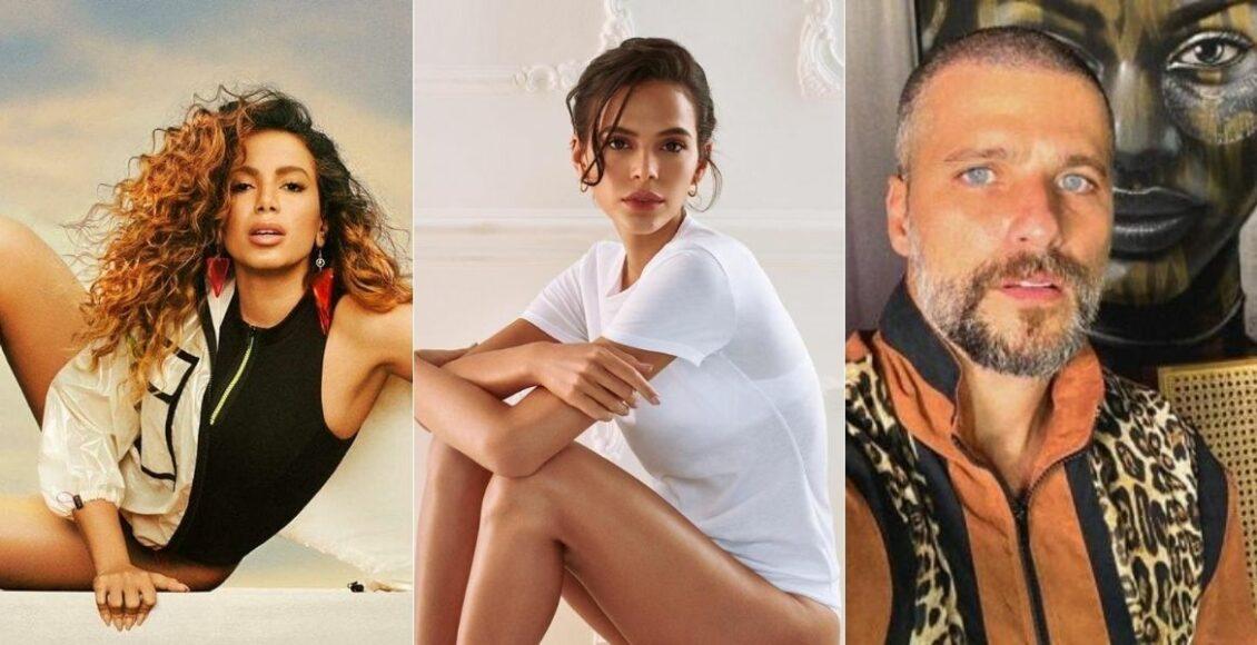 imagem dividida em três com Anitta, Bruna Marquezine e Bruno Gagliasso posados olhando para frente