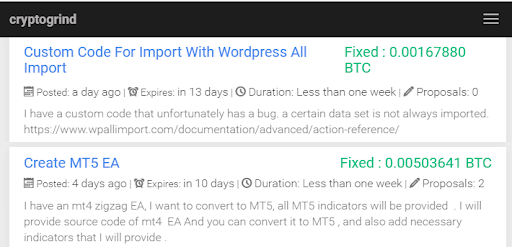 Tela do site cryptogrind para ganhar bitcoins como freelancer