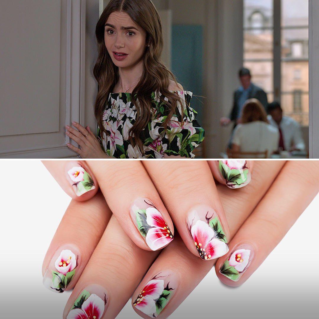 Imagem mostra nail art parecida com roupa de "emily em paris"