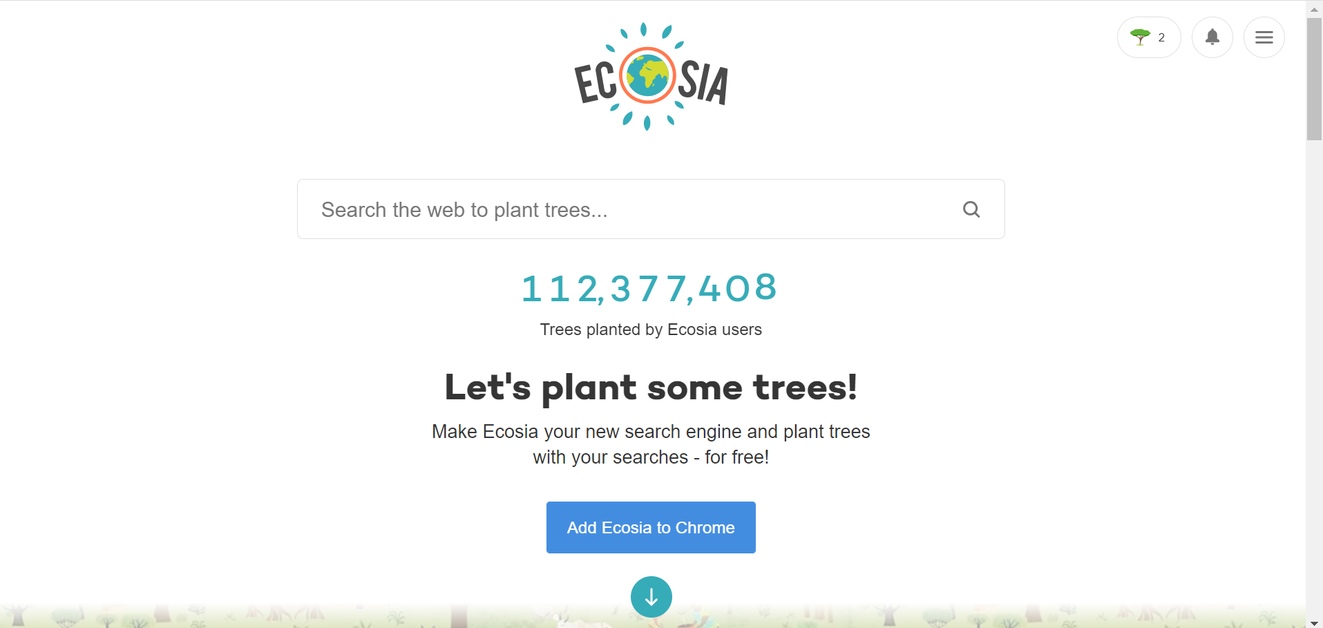 Foto mostra a interface do site ecosia