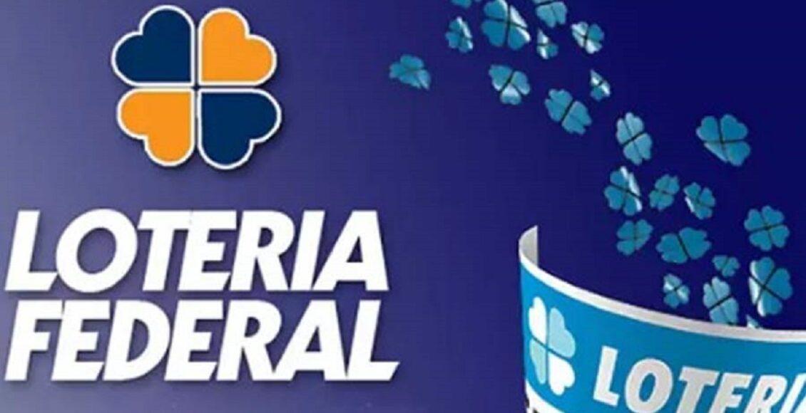 Loteria Federal 5515 - A imagem mostra um trevo de quatro folhas azul e laranja com o escrito Federal embaixo e ao um volantes azul escrito loteria