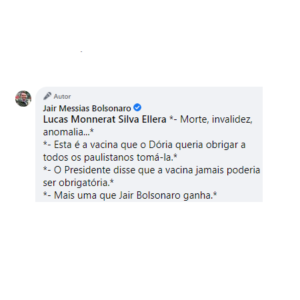 Imagem de uma mensagem de jair bolsonaro sobre a coronavac