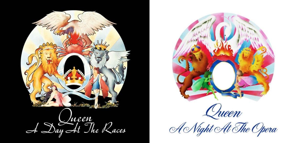 Capas dos discos a day at the races e a night at the opera, ambos lançados pelo queen