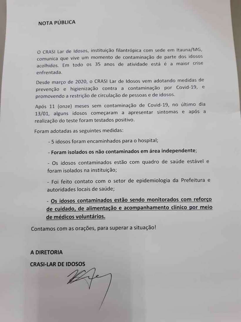 Imagem mostra nota de esclarecimento de lar de idosos sobre surto de covid-19