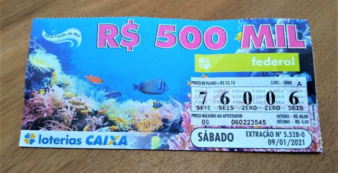 A imagem mostra um bilhete da loteria Federal