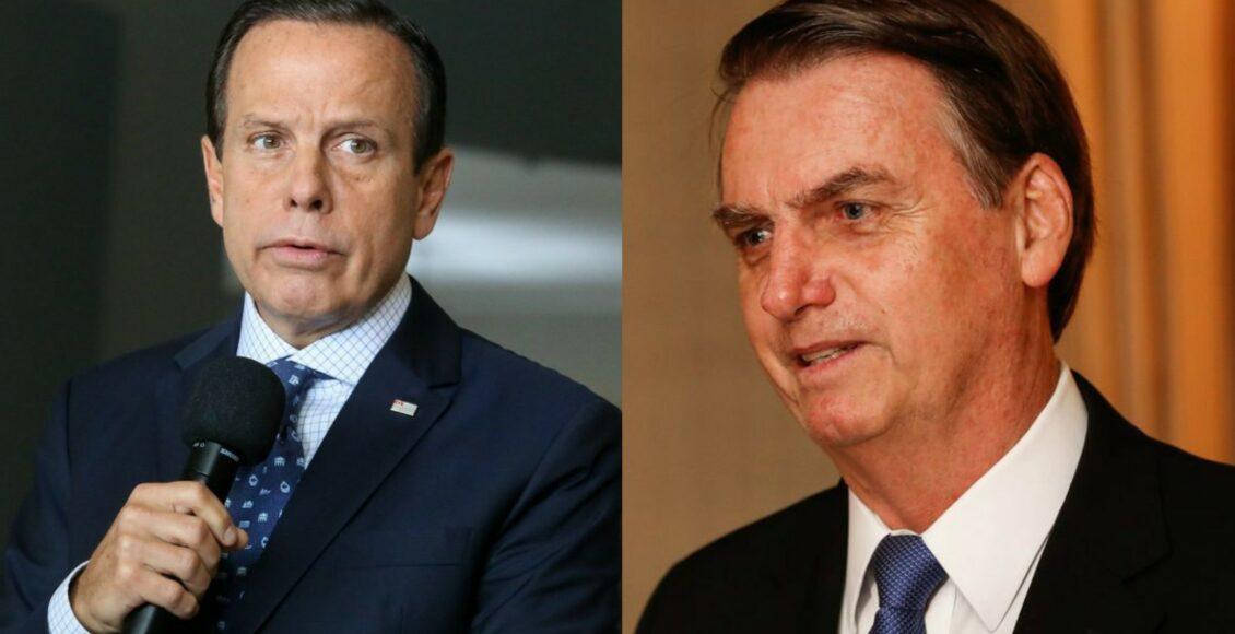 imagem mostra joão doria irritado e bolsonaro em materia sobre troca de farpas entre os políticos