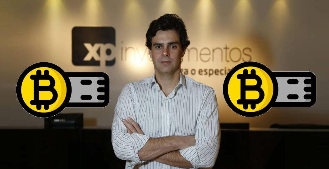 Guilherme Benchimol, presidente da XP, ao lado do logotipo do Bitcoin