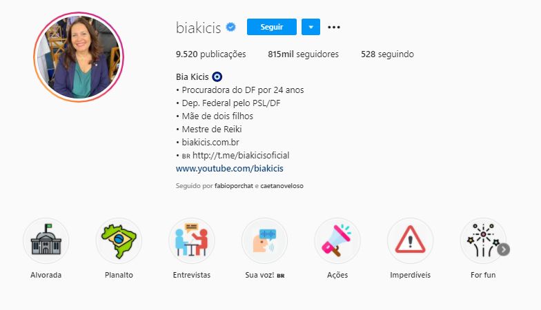 Imagem mostra perfil da rede social de bia kicis