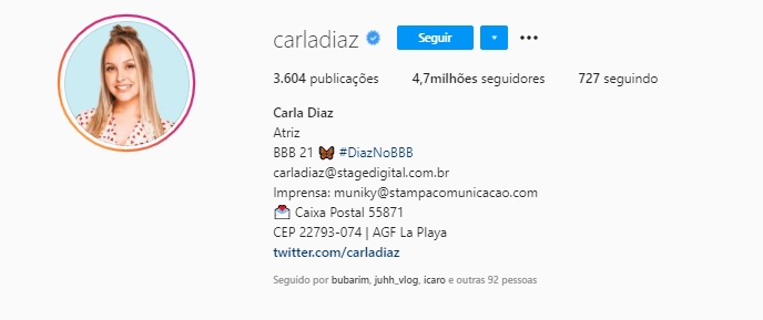 Na imagem carla diaz instagram