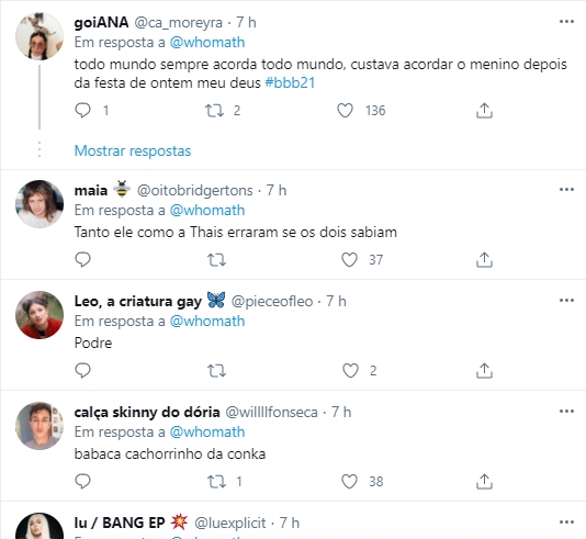 Imagem mostra comentários no twitter sobre projota do bbb21