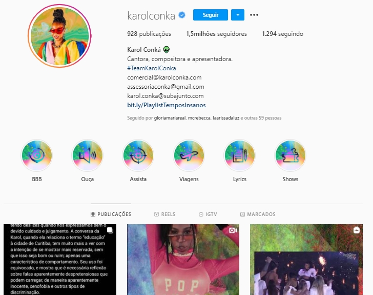 Imagem mostra instagram de karol conka