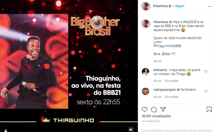 Imagem mostra thiaguinho que vai cantar no bbb21