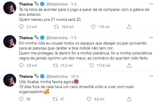 Imagem mostra print em que thelma responde karol conta do bbb21