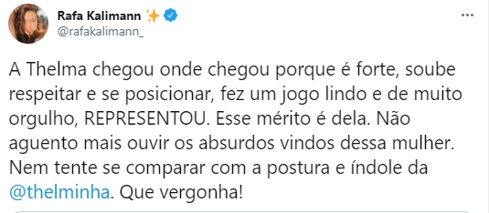 Imagem mostra tweet de rafa kalimann sobre karol conka