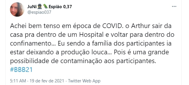 Tweet sobre o bbb21