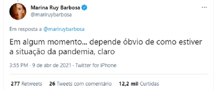 Tweet de marina rui barbosa sobre juliette do bbb21