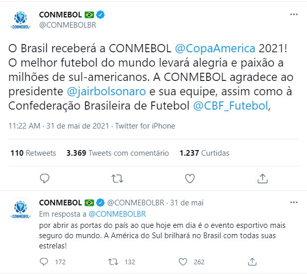 Conmebol agradece o presidente do brasil, jair bolsonaro, por sediar copa américa 2021