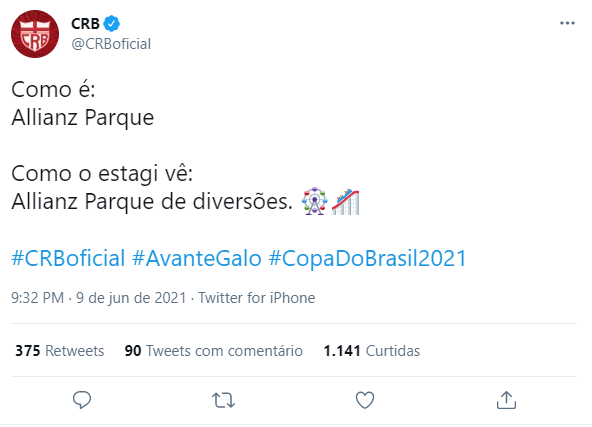 Twitter oficial do crb faz memes com o palmeiras