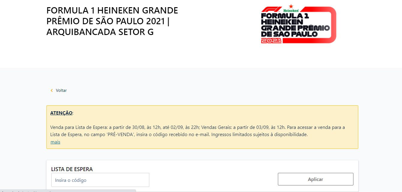 É necessário incluir o código para adquiri o ingresso da fórmula em interlagos