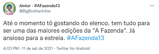 Estreia a fazenda 2021