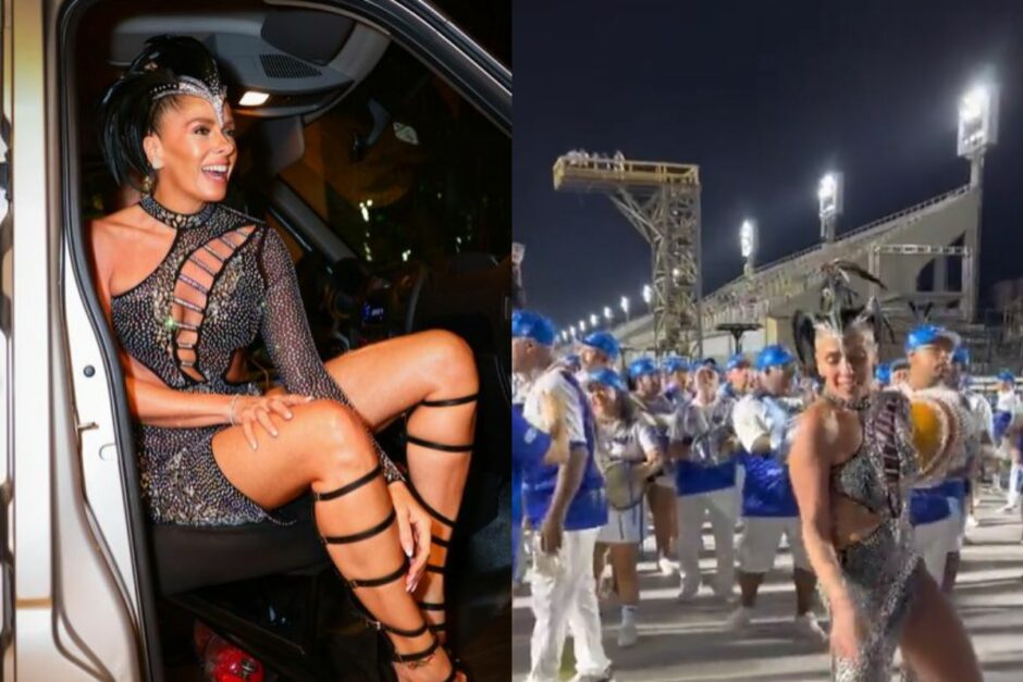 Adriane Galisteu sambando e com figurino do carnaval 2023