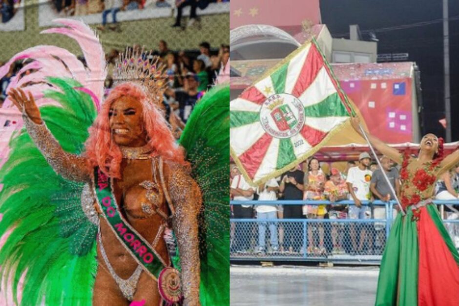 Na imagem a Mangueira (esquerda) e a Grande Rio (direita) do desfile das escolas de samba de hoje no rio