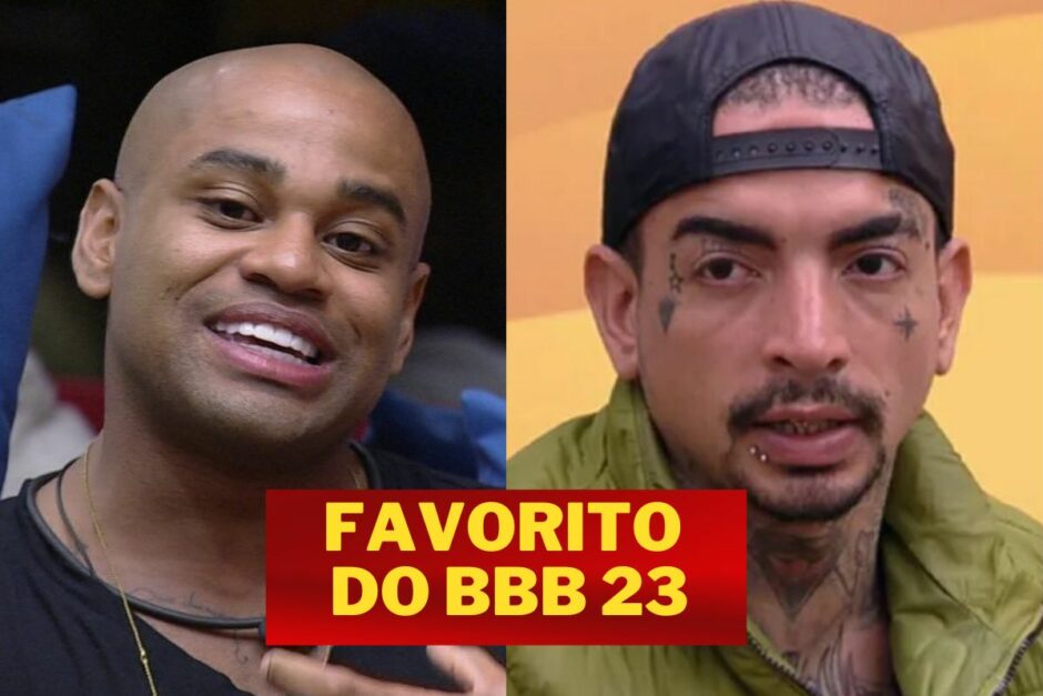 Na imagem Cezar e MC Guimê, líderes na parcial da enquete sobre quem é o favorito para ganhar o bbb 23