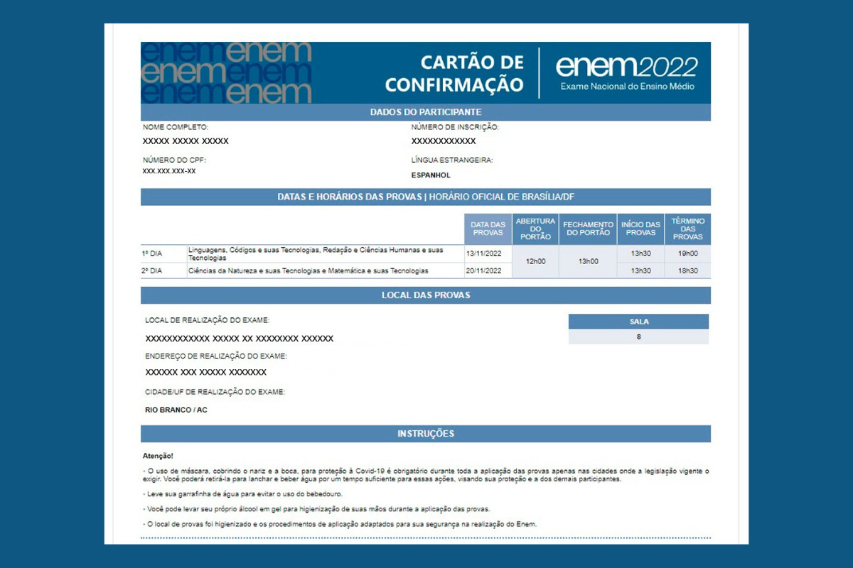 Cartão de confirmação do enem